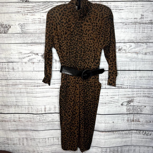 Vintage Kwai Leopard Print Belted Dress Pockets Mock Neck 8 - Picture 1 of 4